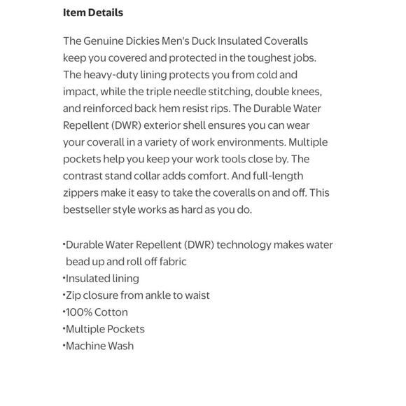 NWT Dickies Men's Duck Insulated Coveralls Workwear 3XL XXXL BLACK Water Repel - Picture 5 of 5